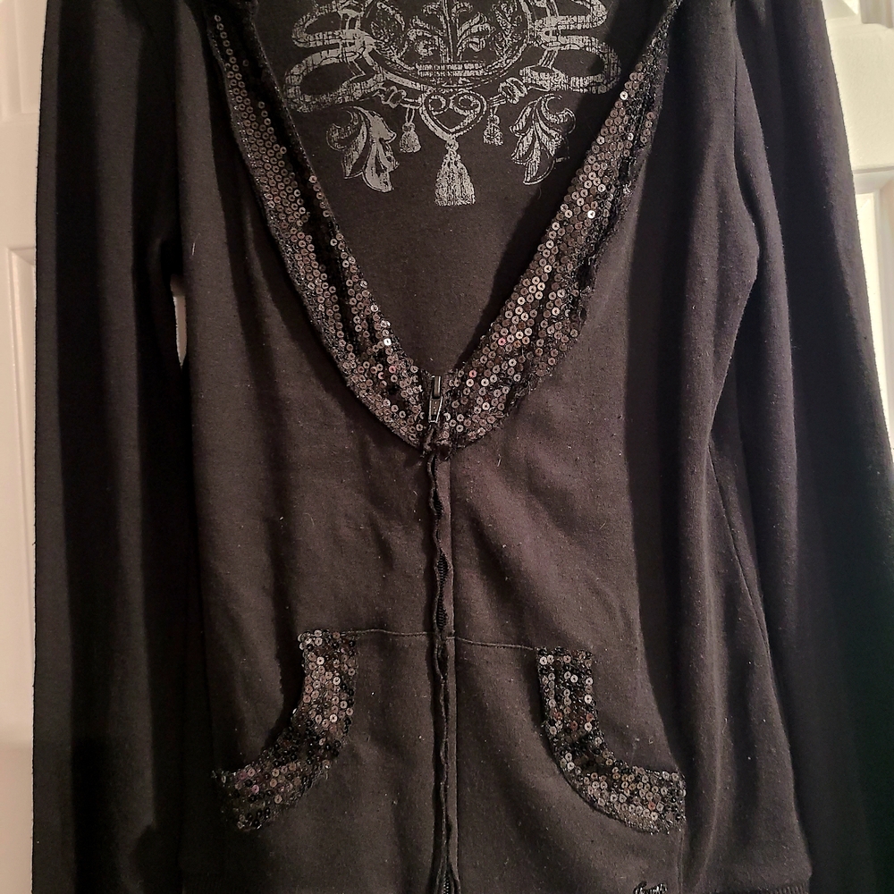 Guess Black Hoody V Neck Sweater with Sequins